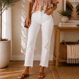 FRAME Le High Straight White Distressed Raw Hem Designer Jeans 24 Natural Laskey